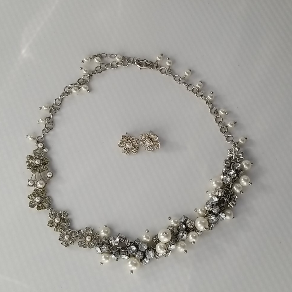 WHBM Pearl/Crystal Necklace and Earrings Set